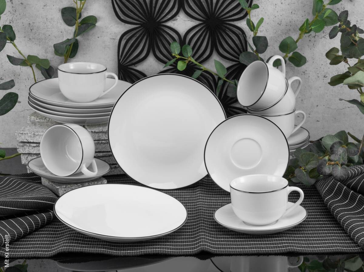 CreaTable Kaffeeservice Luna Black Line weiß Porzellan 18 tlg.