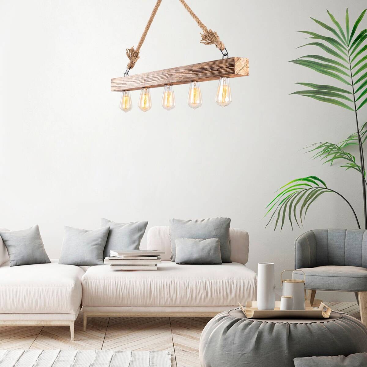 Opviq Deckenleuchte Erebos natur Holz B/H/T/L: ca. 7x53x7x100 cm E27 5 Brennstellen