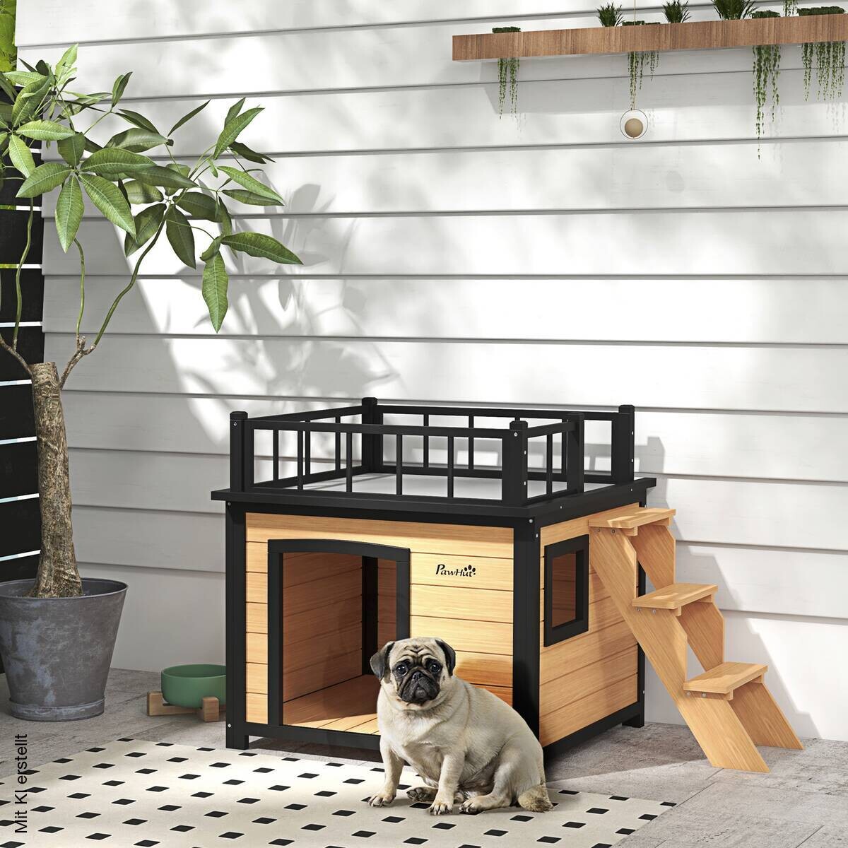 PawHut Hundehütte gelb Holz B/H/L: ca. 77x78x121 cm