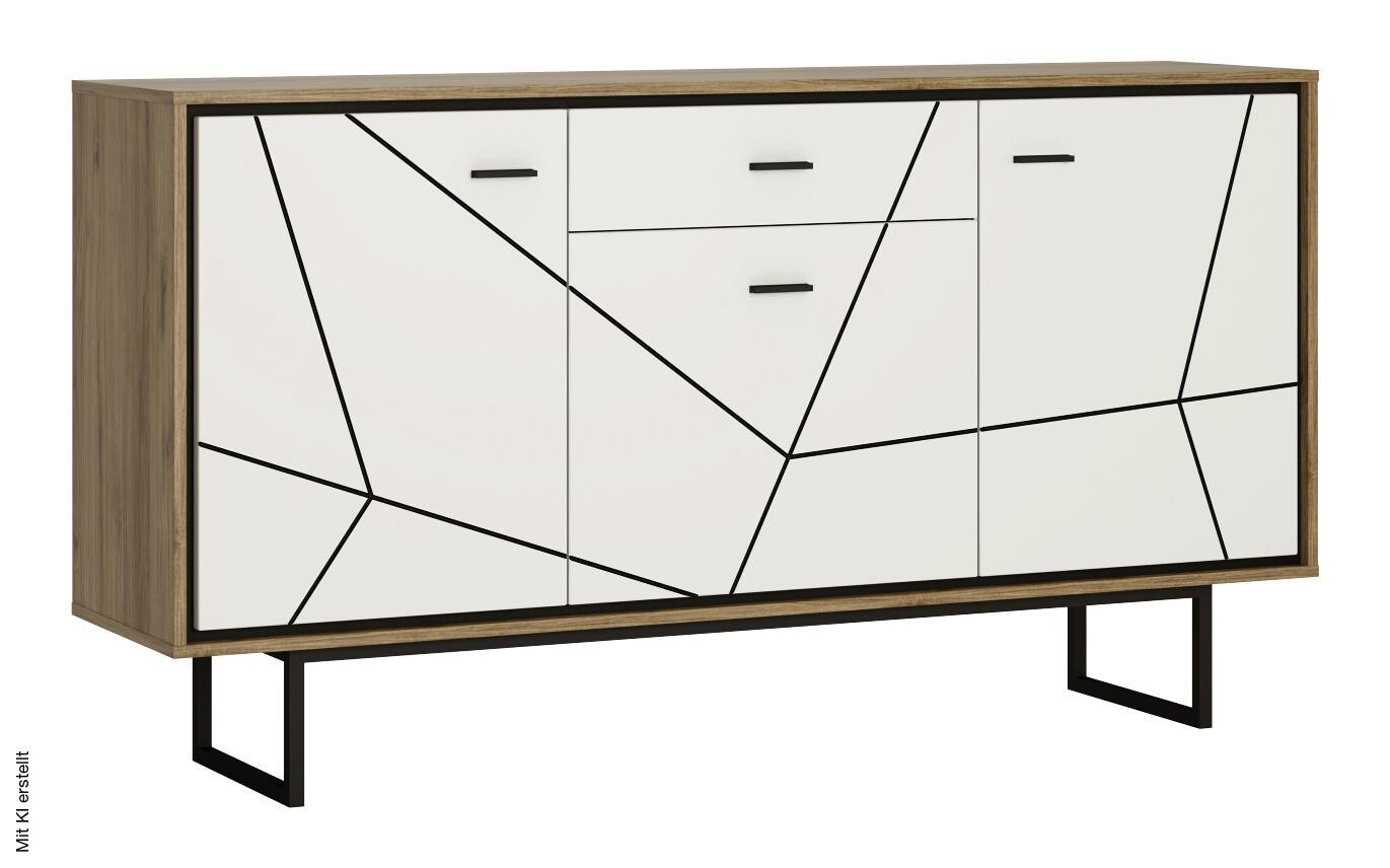 Sideboard Brolo Eiche Cleveland Nachbildung weiß Hochglanz schwarz B/H/T: ca. 167x90x40 cm