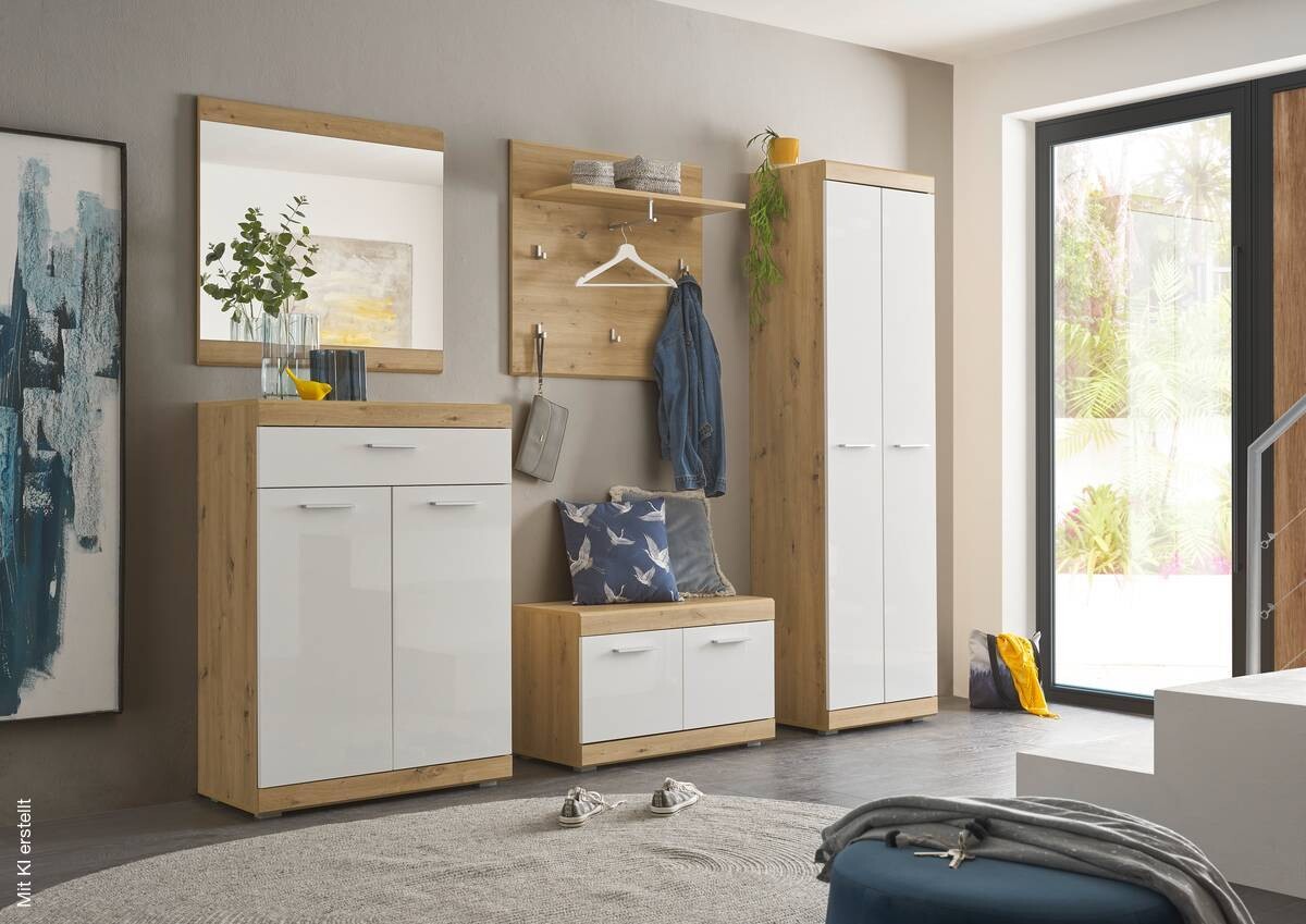 Garderobenschrank Nola Eiche Artisan Nachbildung weiß Hochglanz B/H/T: ca. 55x195x38 cm