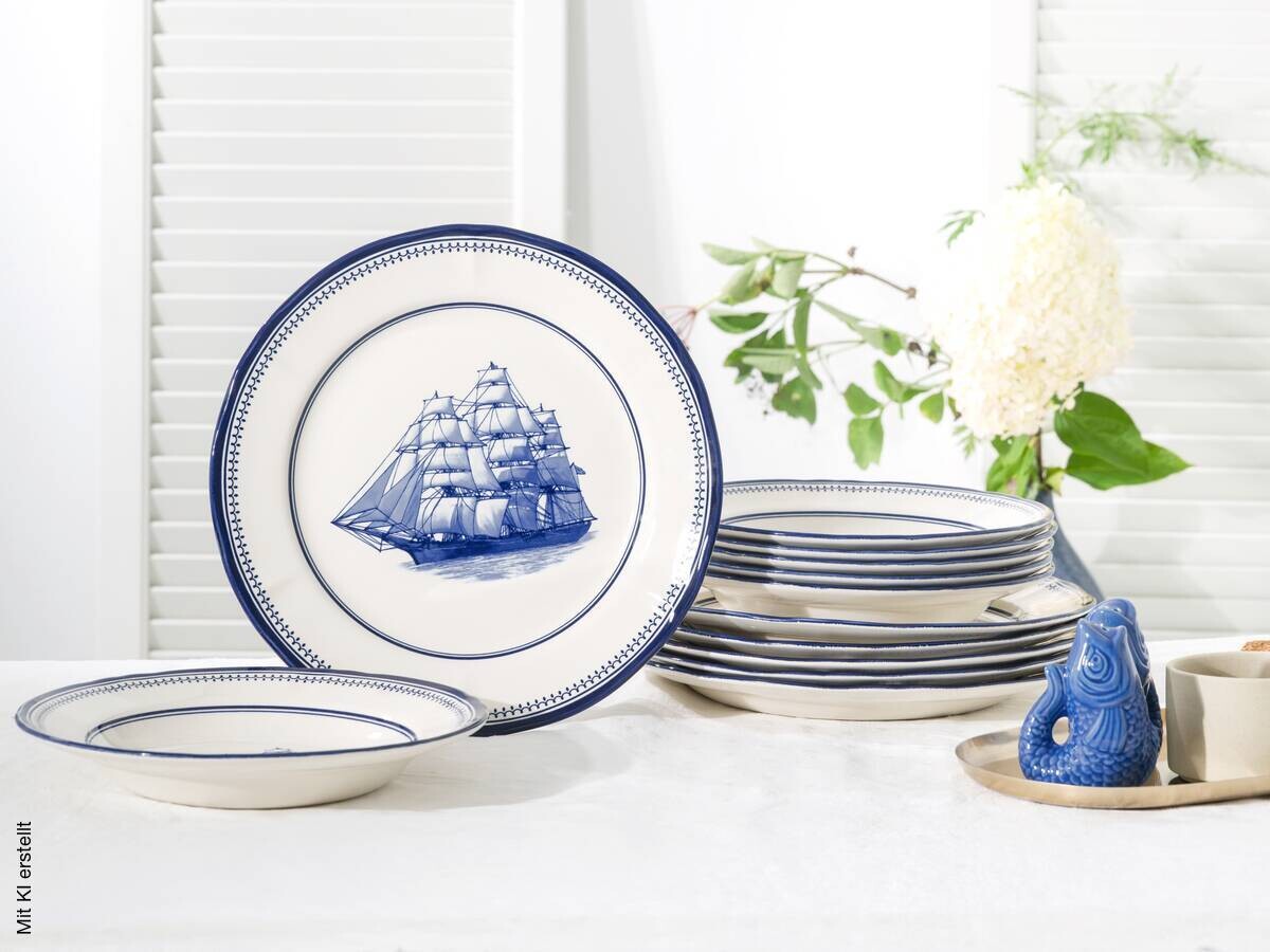 CreaTable Tafelservice Segelschiff blau Steingut 12 tlg.