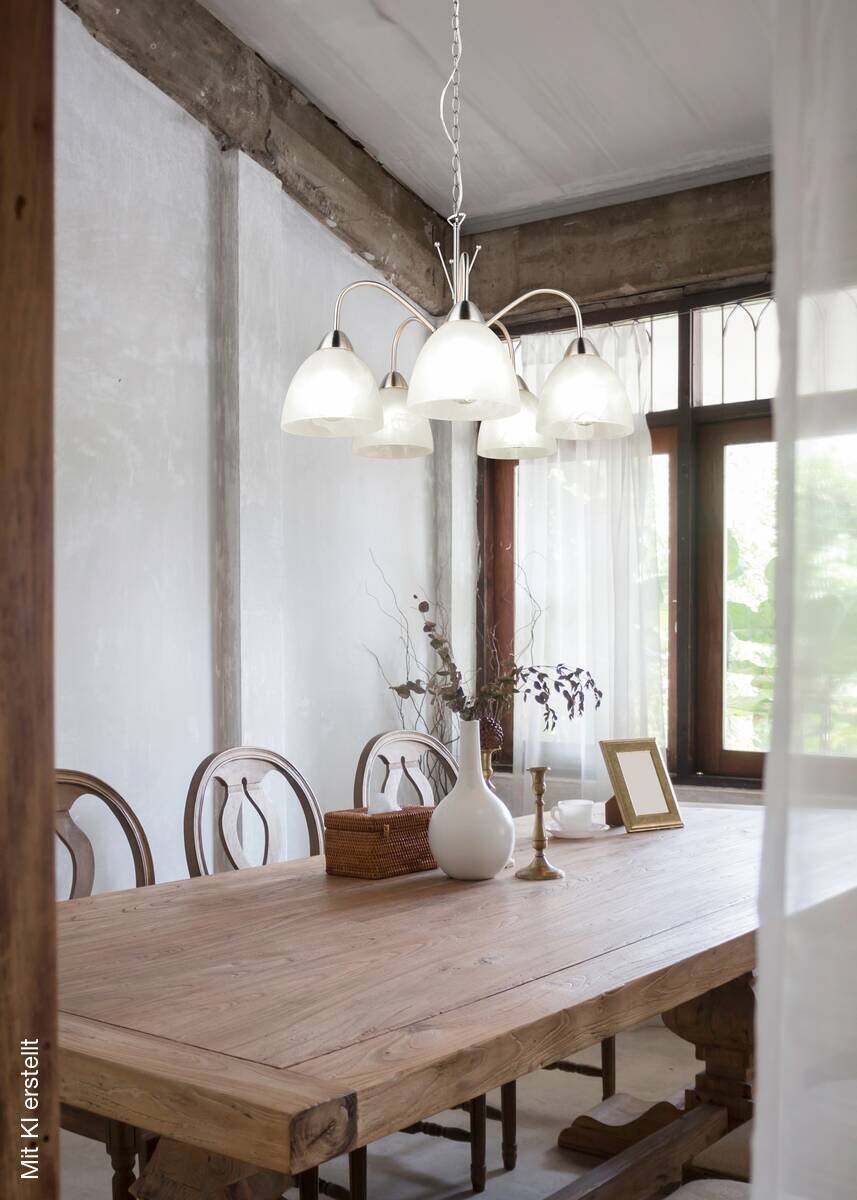 Reality Pendelleuchte Dobby R31055007 weiß nickel Glas Metall PVC H/D: ca. 150x55 cm E27 5 Brennstellen