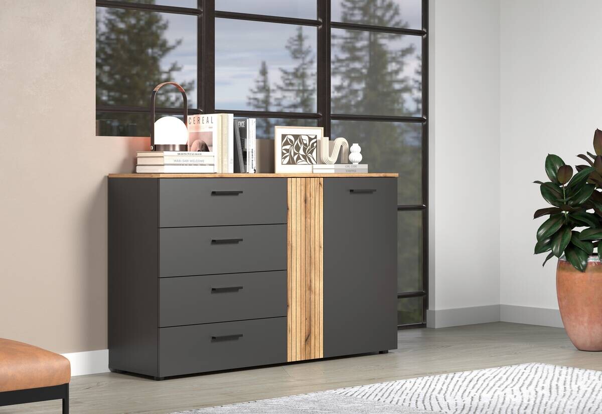 Kommode Esteban anthrazit Eiche Evoke Coast Nachbildung B/H/T: ca. 139x86x38 cm