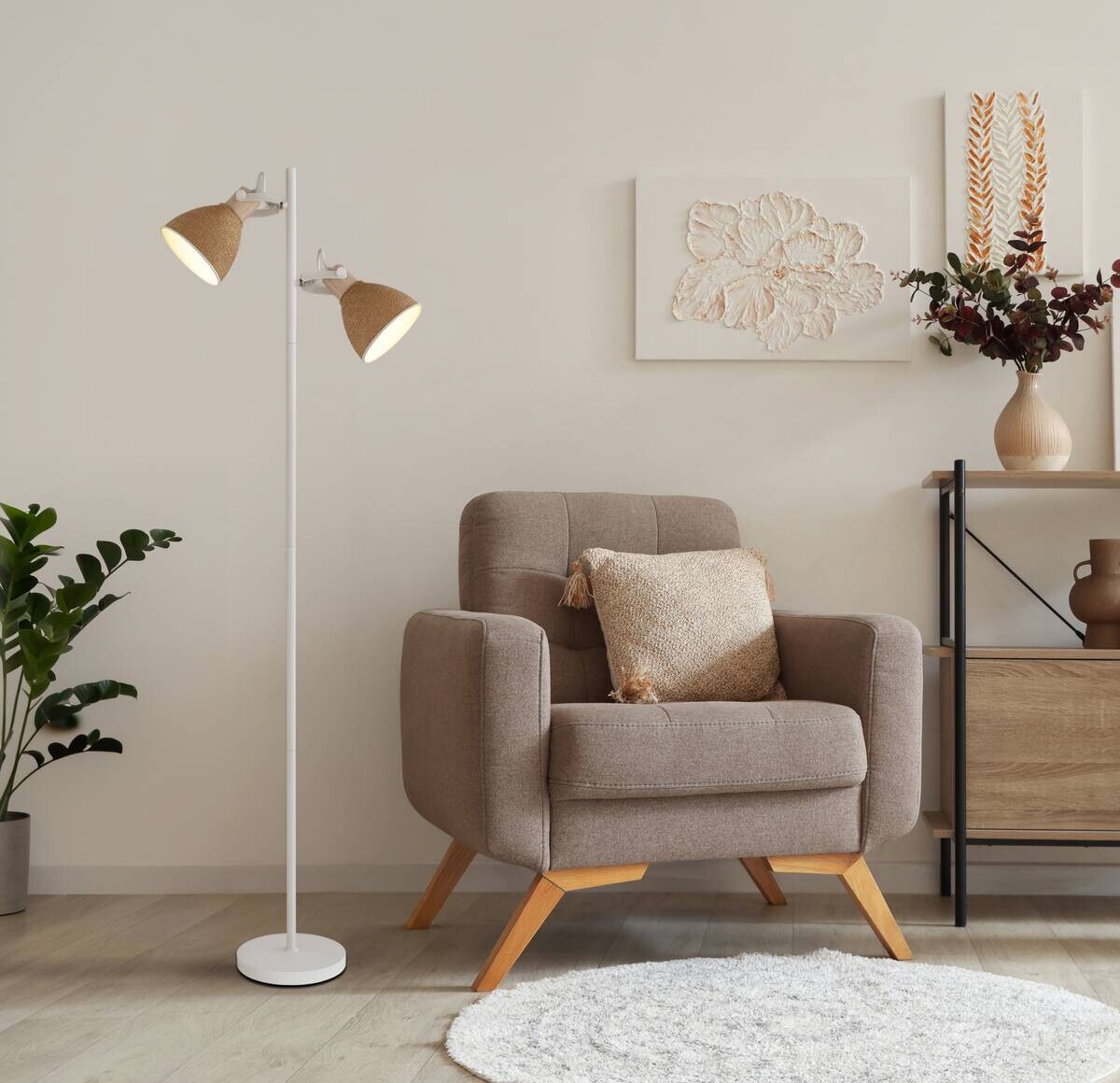 GLOBO Stehlampe braun weiß Metall Holz B/H/L: ca. 25x158,5x32,5 cm E14 2 Brennstellen