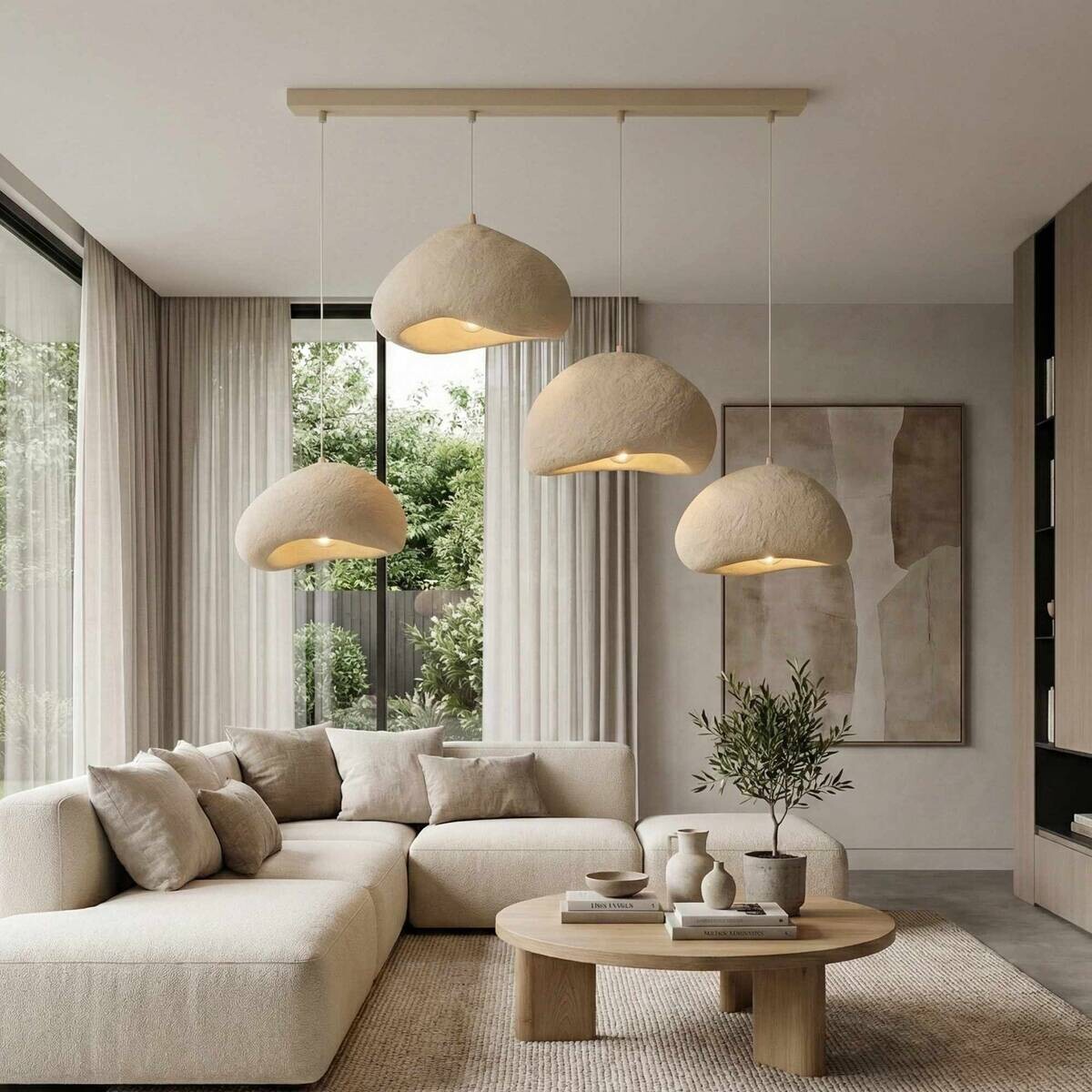 Opviq Pendelleuchte beige Fiberglas Metall B/H/T/L: ca. 174x110x46x174 cm E27 4 Brennstellen