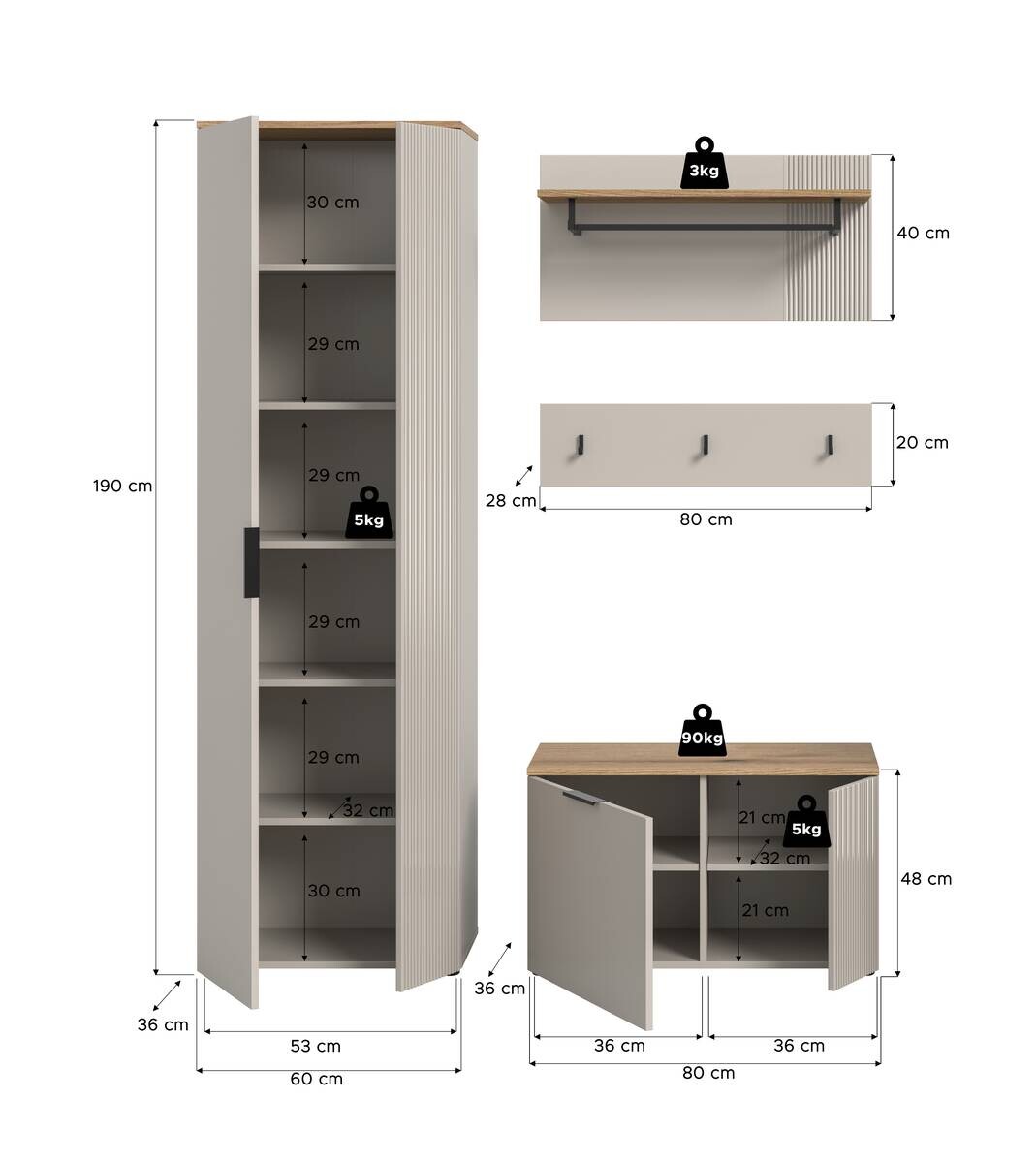 Garderobe Slide Kaschmirgrau Nachbildung Evoke Oak Nachbildung B/H/T: ca. 155x190x36 cm