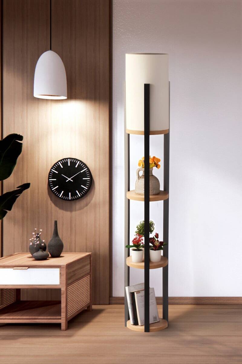 Opviq Stehlampe Circle natur schwarz MDF B/H/L: ca. 21x135x21 cm E27 1 Brennstellen