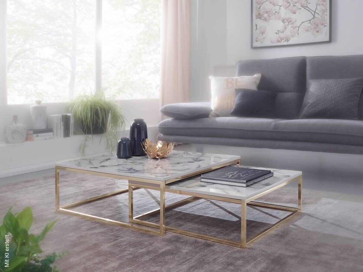 Couchtisch 2er-Set. weiß Marmor Optik gold lackiert