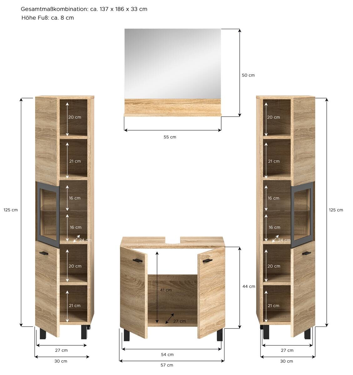 Badezimmer-Set BOSTON Eiche Sonoma Nachbildung schwarz B/H/T: ca. 137x186x33 cm