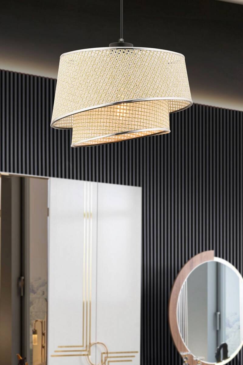 Opviq Pendelleuchte Barette creme silber Stoff Metall B/H/L: ca. 32x65x32 cm E27 1 Brennstellen