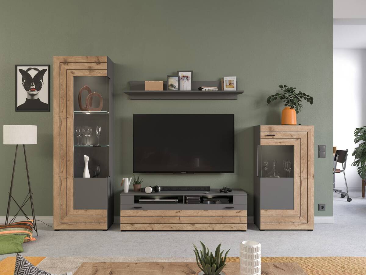 Wohnwand Freno grau matt Eiche Nox Oak Nachbildung B/H/T: ca. 290x194x40 cm