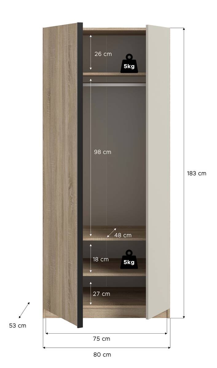 Kleiderschrank OAKLAND weiß B/H/T: ca. 80x183x53 cm | weiß | 80,00/183,00/53,00 cm