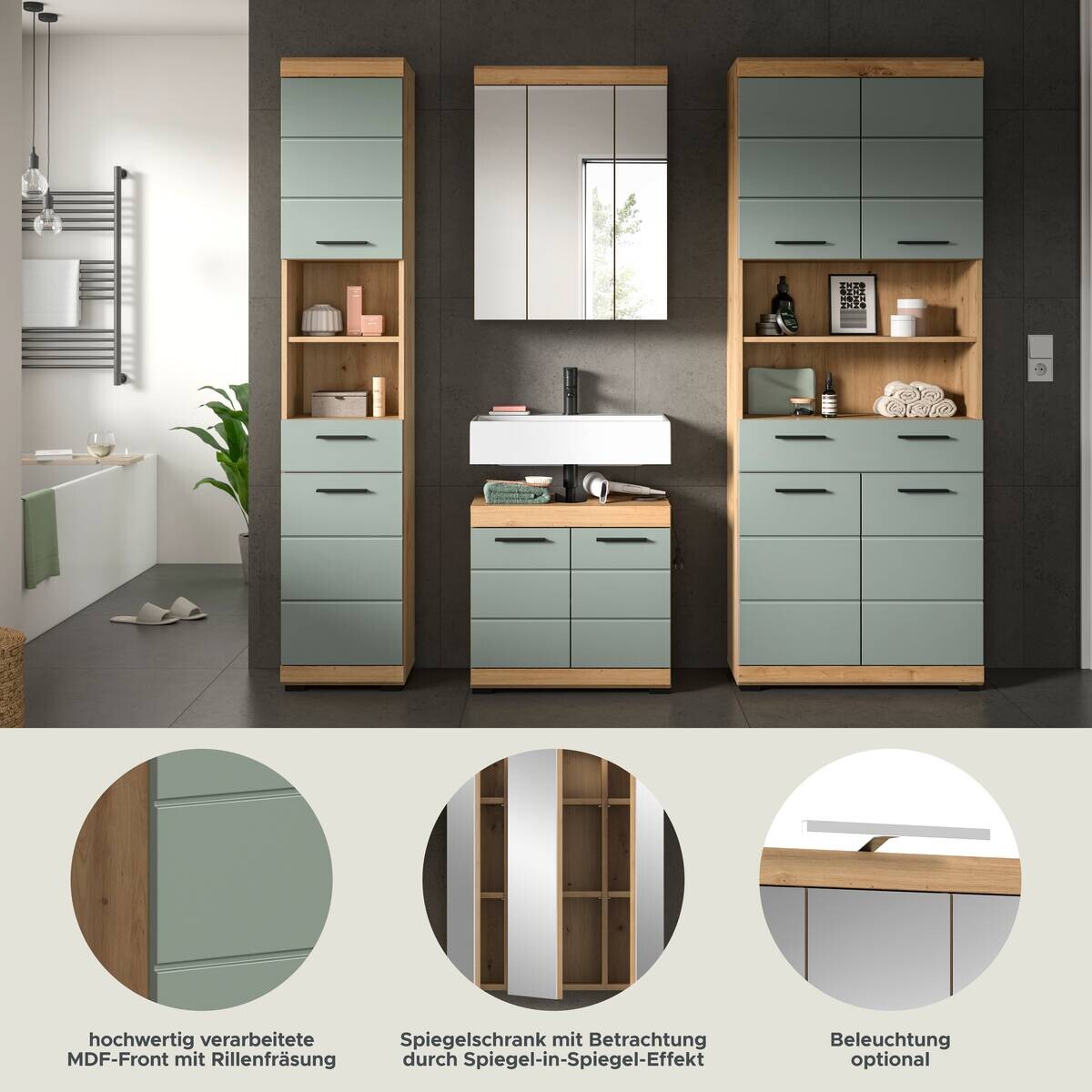 Badezimmer-Set Scout Eiche Artisan Nachbildung salbei Nachbildung B/H/T: ca. 186x191x34 cm