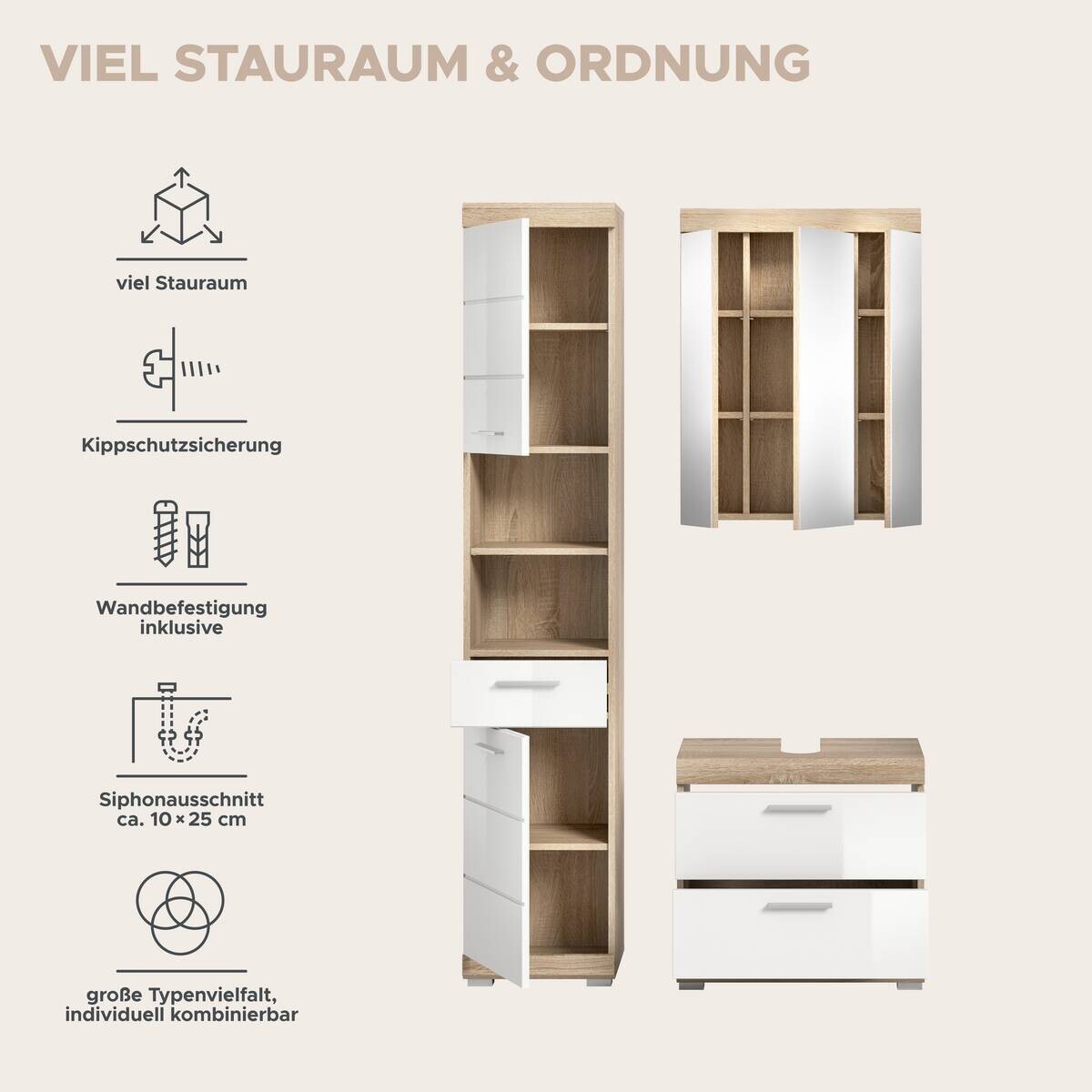 Badezimmer-Set Lambada Eiche Sonoma Nachbildung weiß Hochglanz B/H/T: ca. 112x191x37 cm