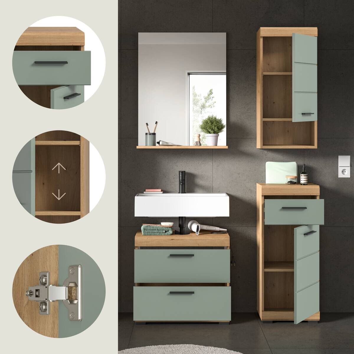 Badezimmer-Set Scout Eiche Artisan Nachbildung salbei Nachbildung B/H/T: ca. 112x191x37 cm