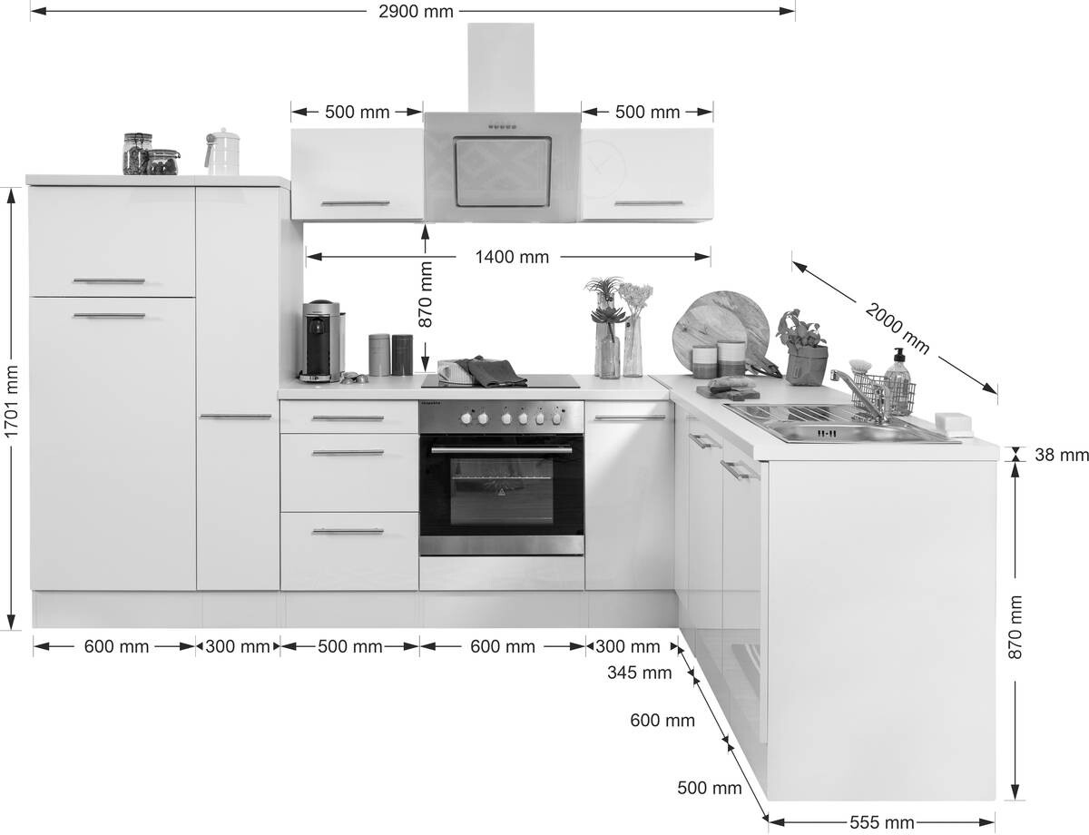 Respekta Winkelküche Amanda grau Hochglanz B/T/L: ca. 290x60x200 cm