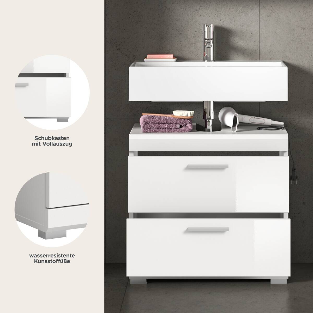Waschbeckenunterschrank Scout weiß weiß Hochglanz B/H/T: ca. 60x56x37 cm