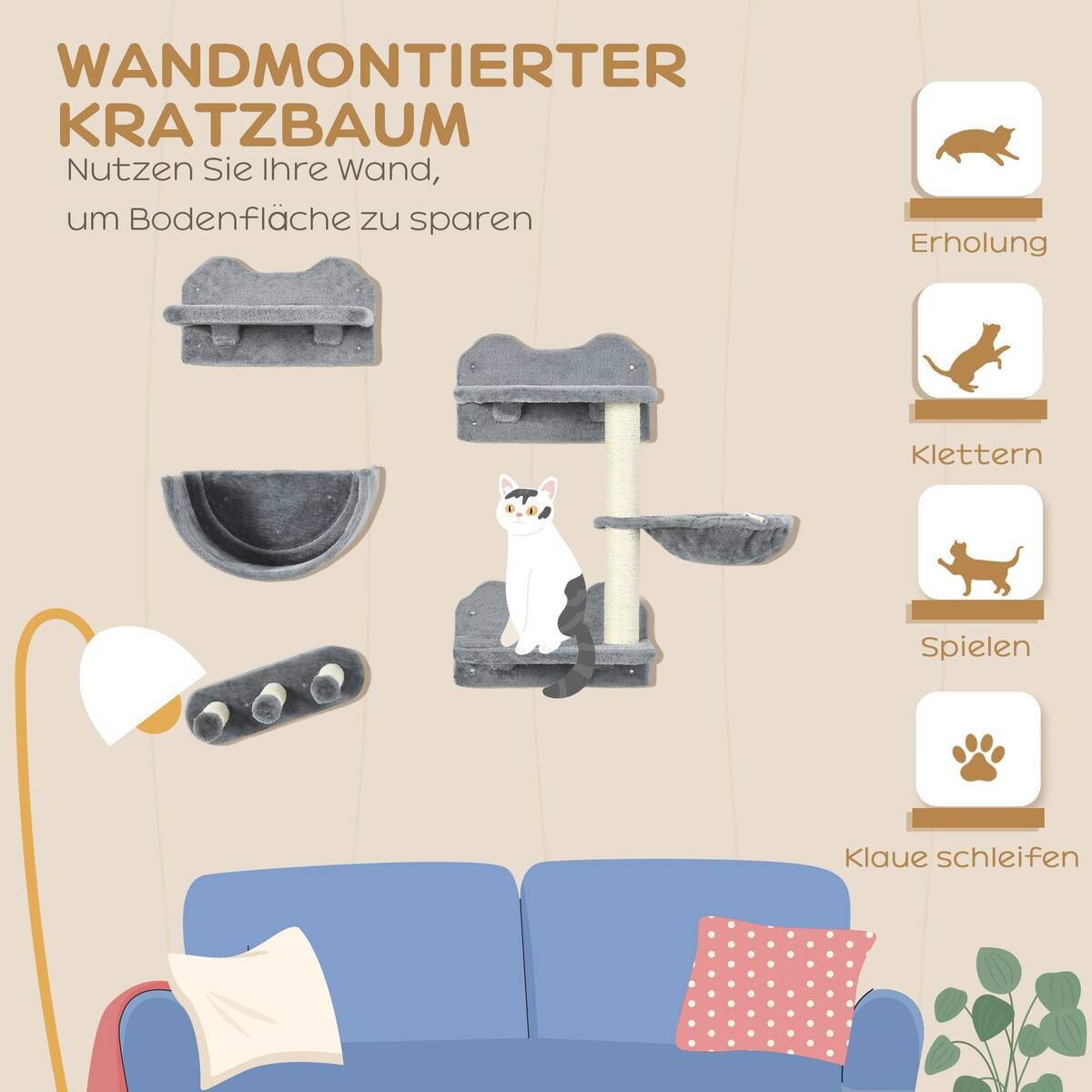 PawHut Katzen Kletterwand grau Polyester B/H/L: ca. 28x73x40 cm