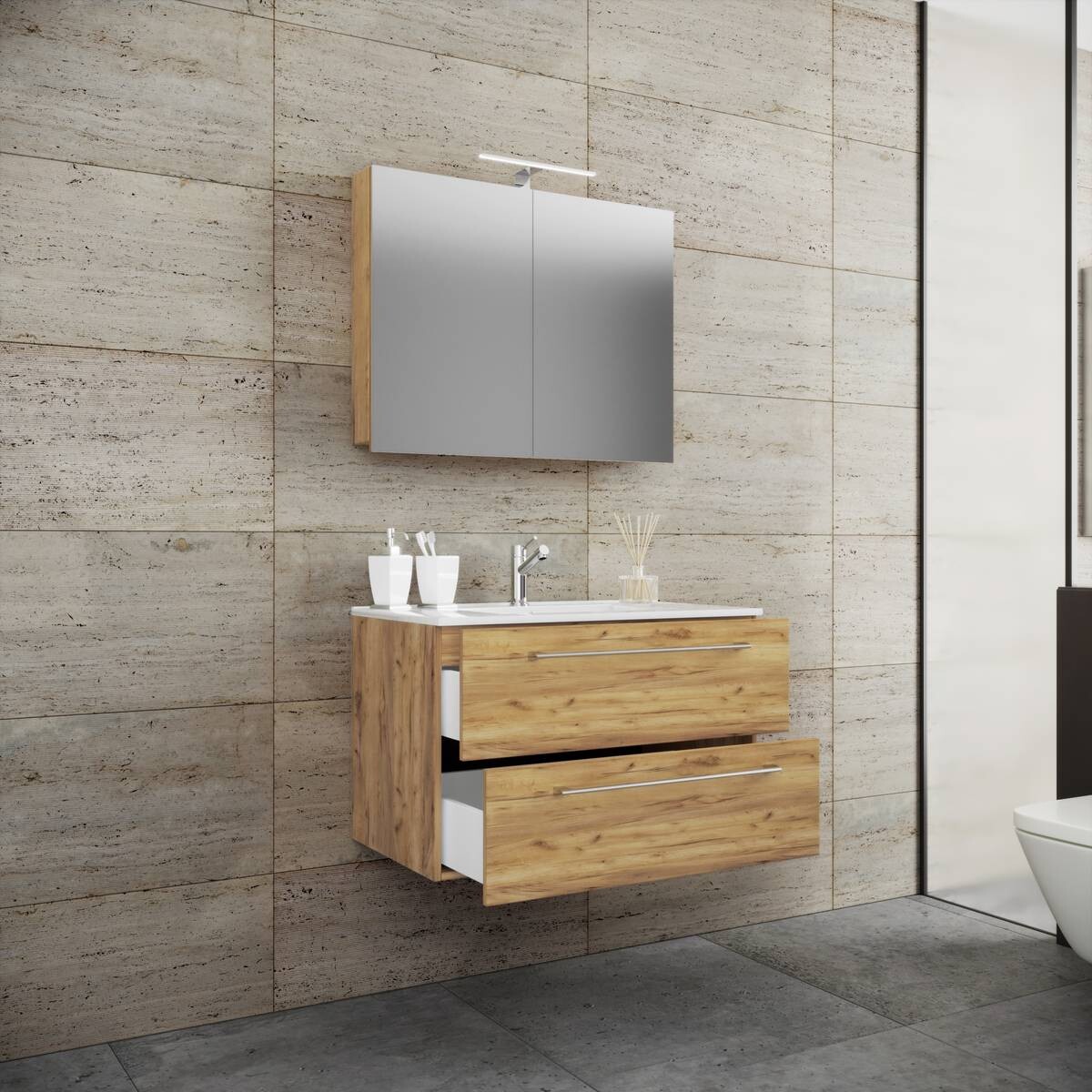 Waschplatz 3tlg-Badinos Eiche Honig Nachbildung B/H/T: ca. 81x52x46 cm