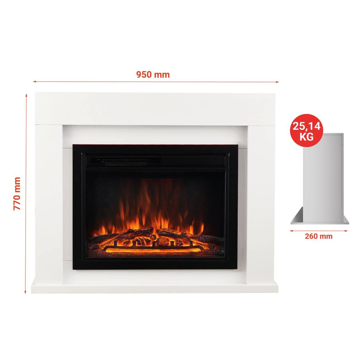 KAMINIO Elektrischer-Kamin MATTI weiß MDF Metall Glas B/H/T: ca. 95x77x26 cm ca. 2000 W
