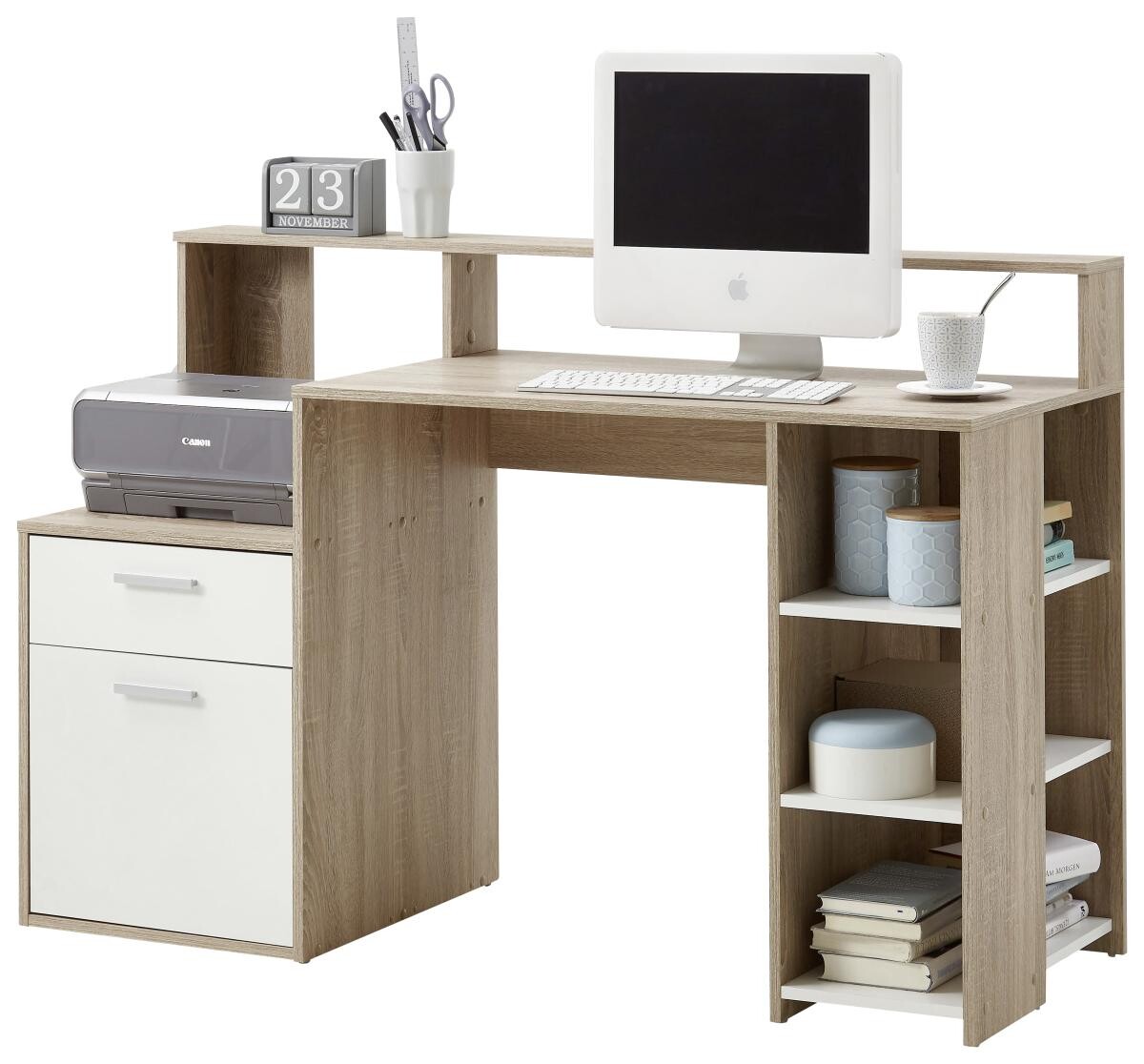 Schreibtisch Eiche Sonoma Nachbildung weiß B/H/T: ca. 139x92x54 cm