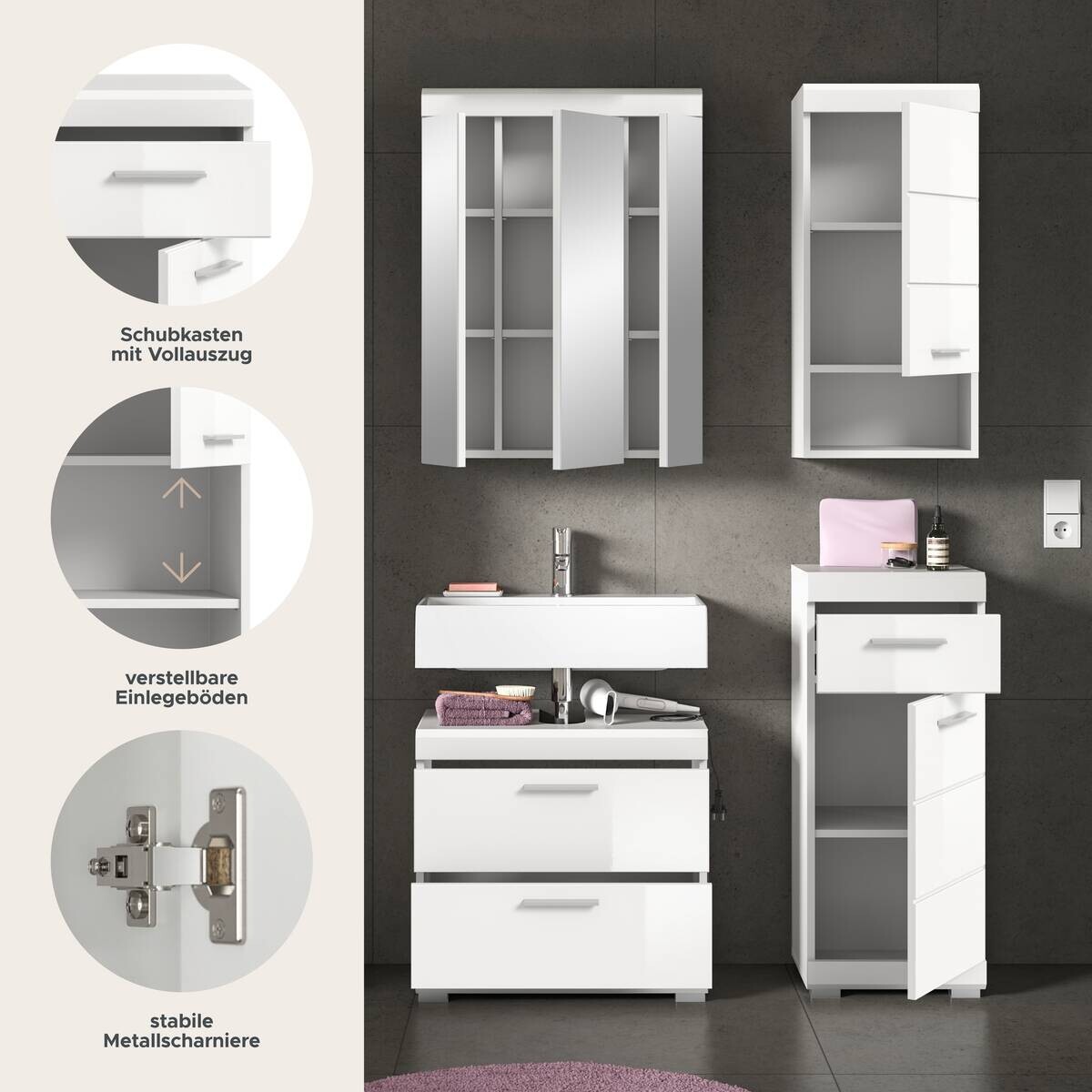 Badezimmer-Set Scout weiß weiß Hochglanz B/H/T: ca. 112x191x37 cm