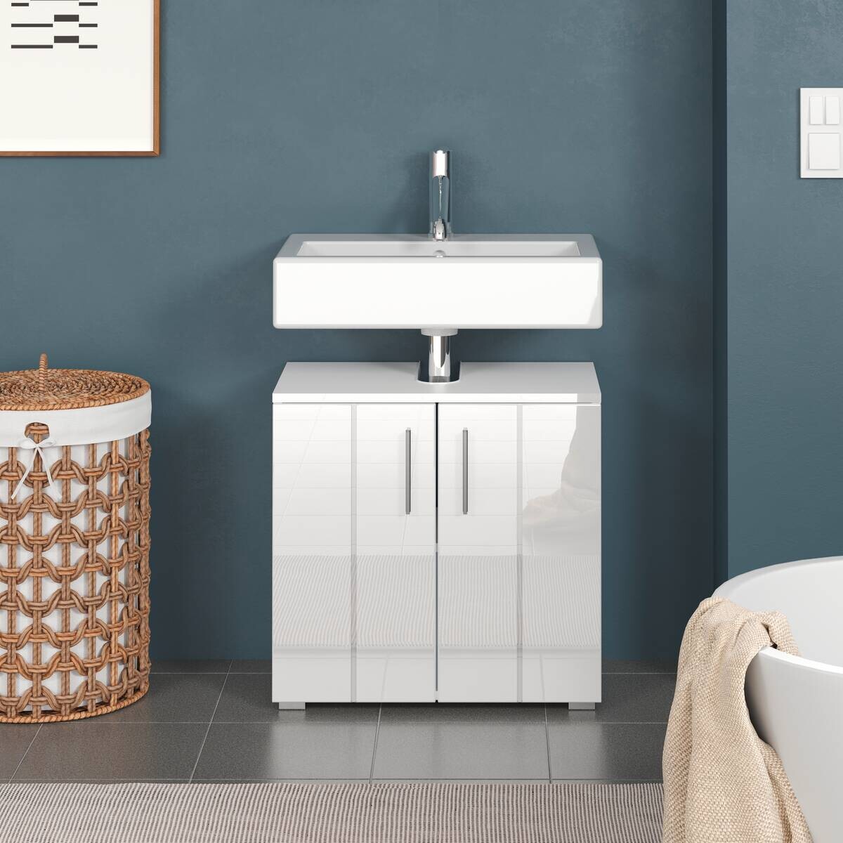 Waschbeckenunterschrank Wons weiß Hochglanz weiß matt B/H/T: ca. 60x58x34 cm