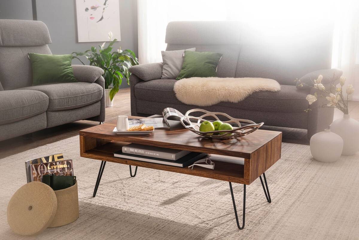 Wohnling Couchtisch natur schwarz Echtholz Edelstahl B/H/T: ca. 100x40x50 cm