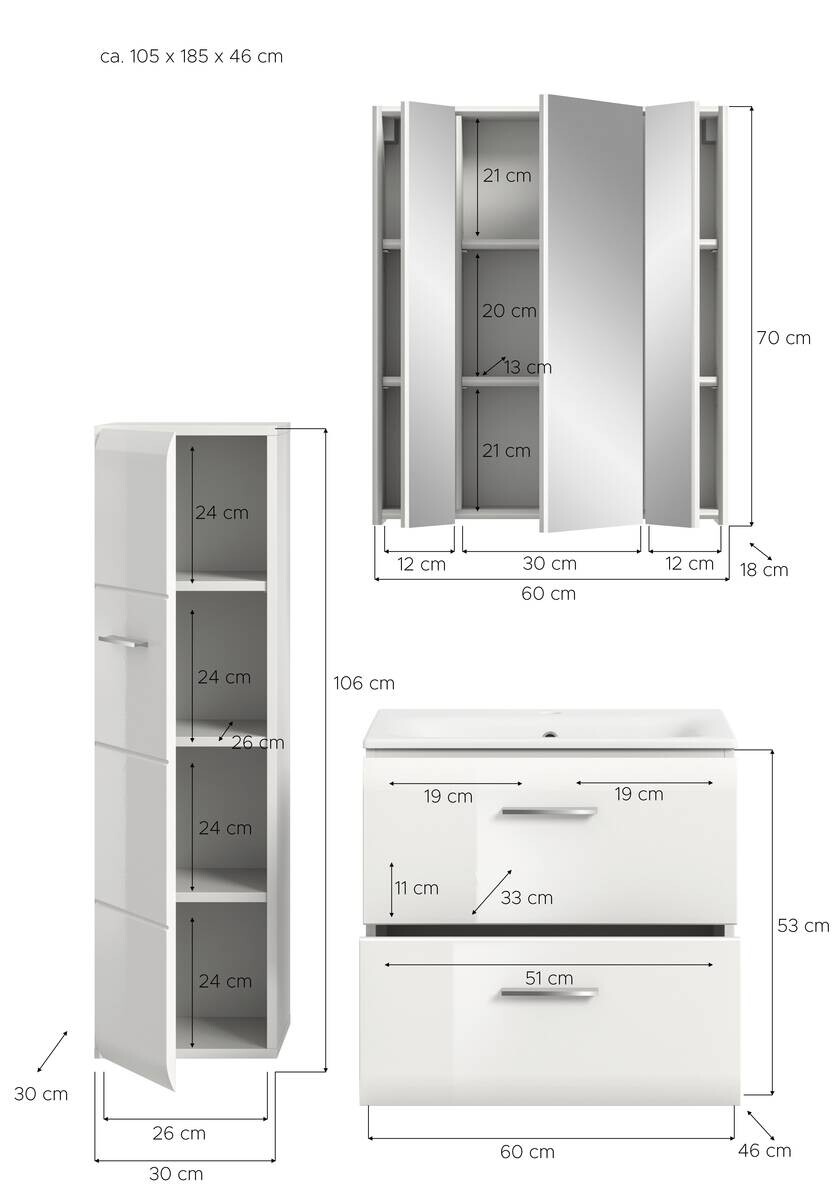 Badezimmer-Set Ice weiß weiß Hochglanz B/H/T: ca. 105x185x46 cm