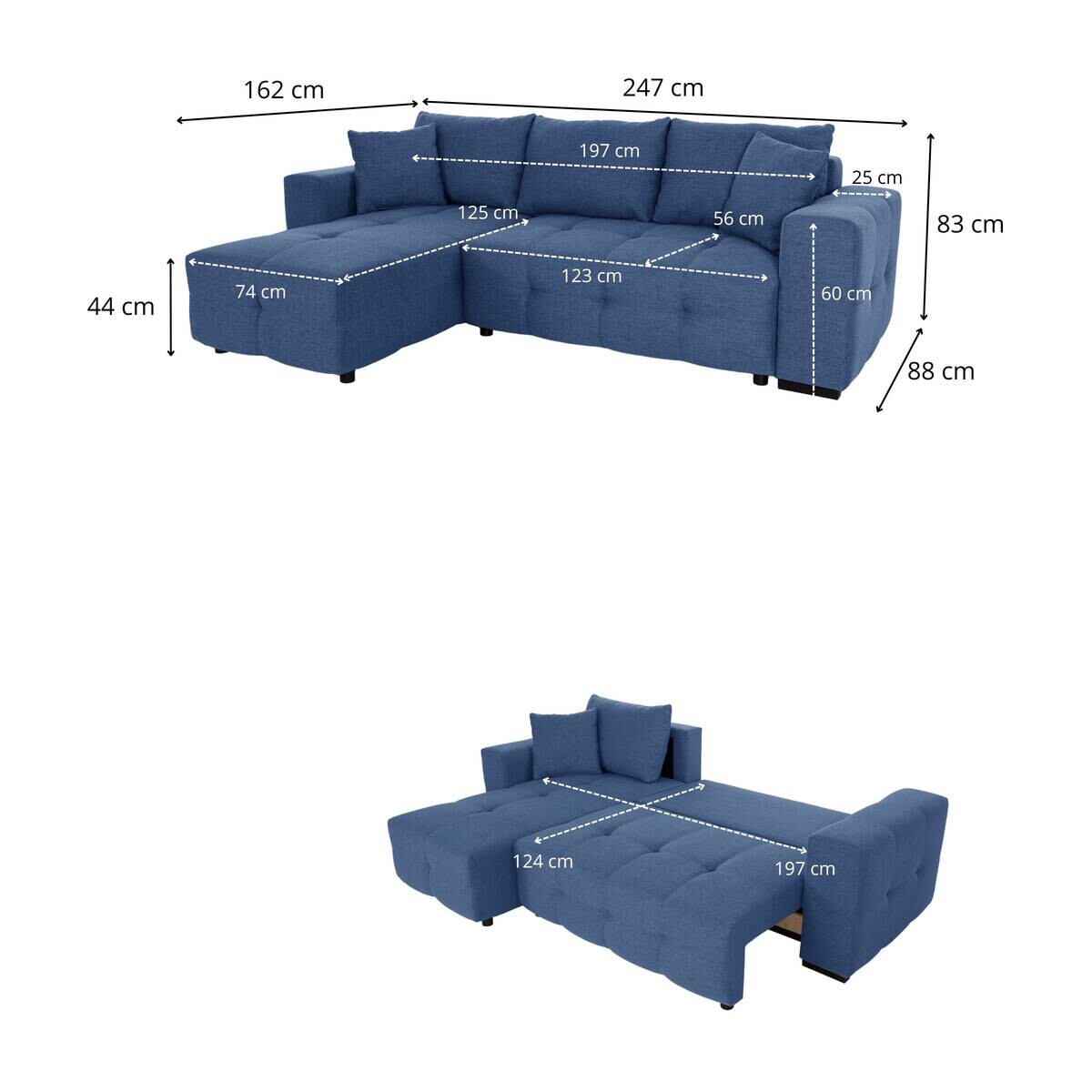 Ecksofa mit Bettfunktion und Bettkasten blau Webstoff B/H/T: ca. 247x83x162 cm