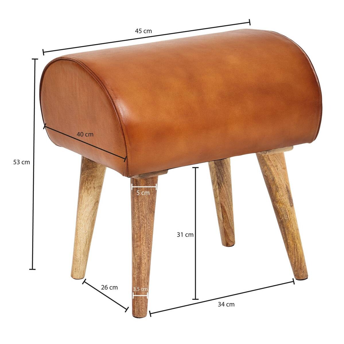 Wohnling Sitzhocker braun natur Leder Echtholz B/H/T: ca. 45x53x40 cm