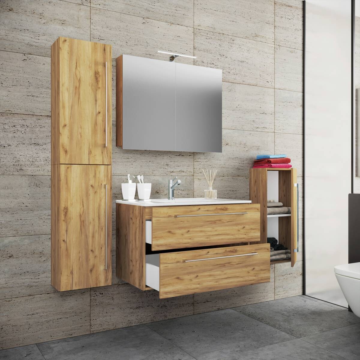 Waschplatz 5tlg-Badinos Eiche Honig Nachbildung B/H/T: ca. 81x52x46 cm