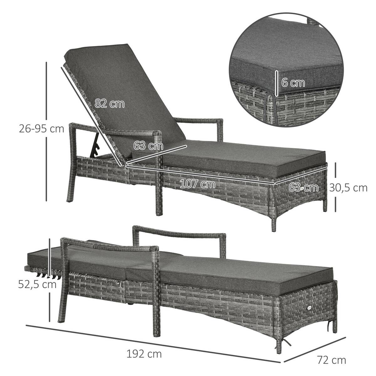 Outsunny Gartenliege grau Polypropylen B/H/L: ca. 62,5x192x52,5 cm