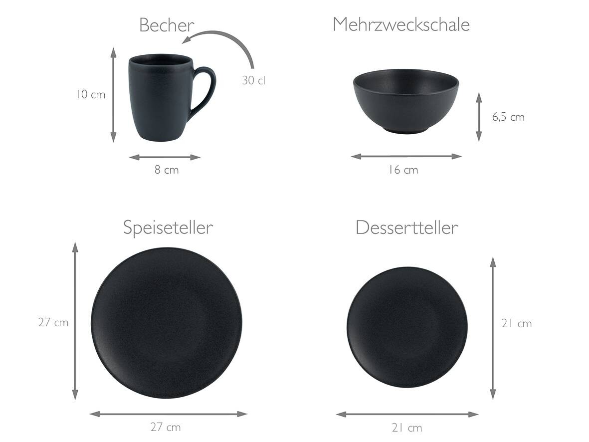 CreaTable Kombiservice Soft Touch mattschwarz Steinzeug 16 tlg.