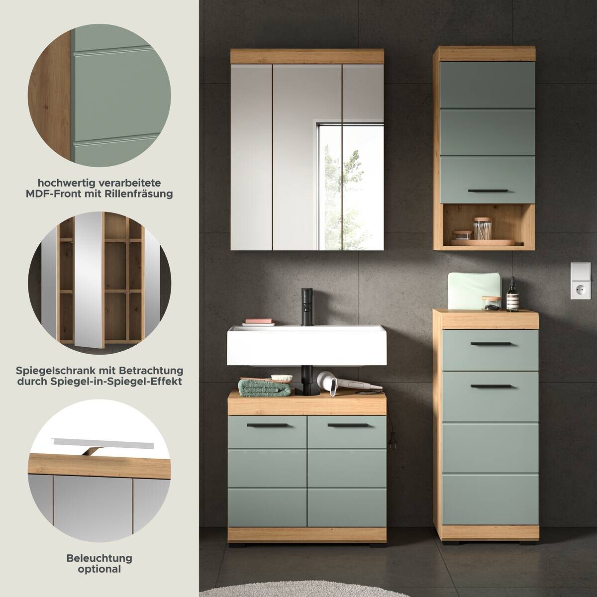 Badezimmer-Set Scout Eiche Artisan Nachbildung salbei Nachbildung B/H/T: ca. 112x191x34 cm