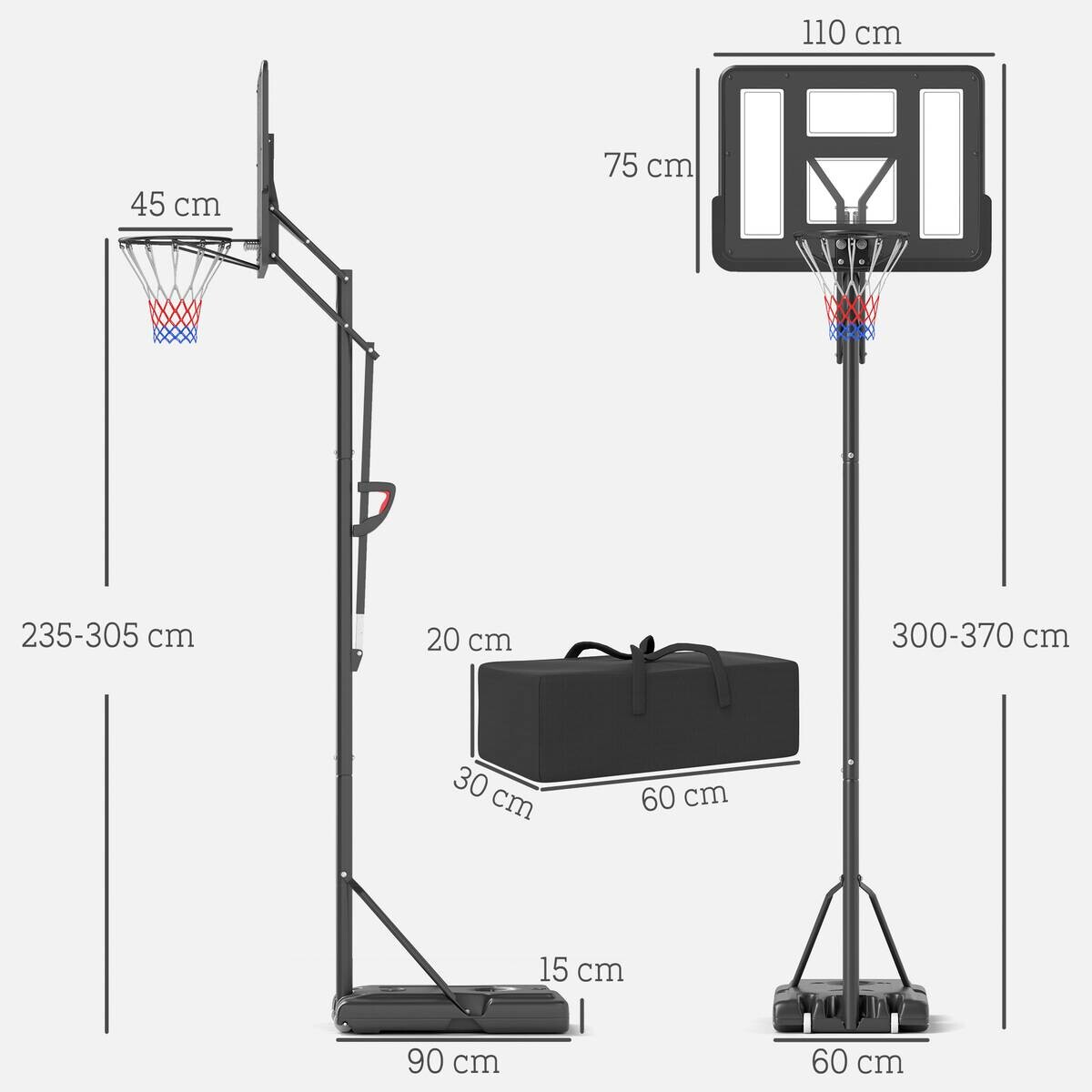 SPORTNOW Basketballkorb schwarz B/H/L: ca. 75x370x110 cm