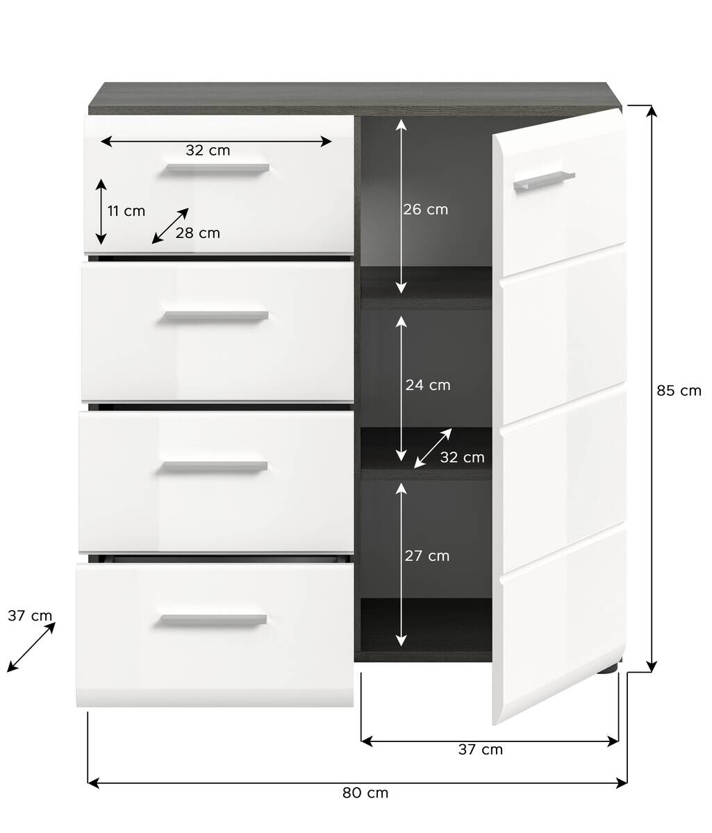 Kommode SALSA Rauchsilber Nachbildung weiß Hochglanz B/H/T: ca. 75x85x37 cm