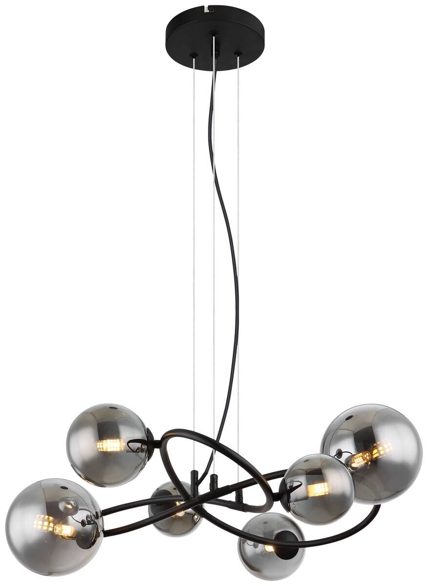 GLOBO LED-Pendelleuchte 10676 Rauch mattschwarz Metall Glas B/H/T: ca. 58,8x120x62,2 cm 6 Brennstellen