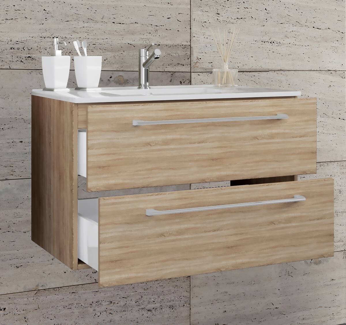 Badblock 2tlg-Badinos weiß Eiche Sonoma Nachbildung B/H/T: ca. 81x51,2x46,4 cm