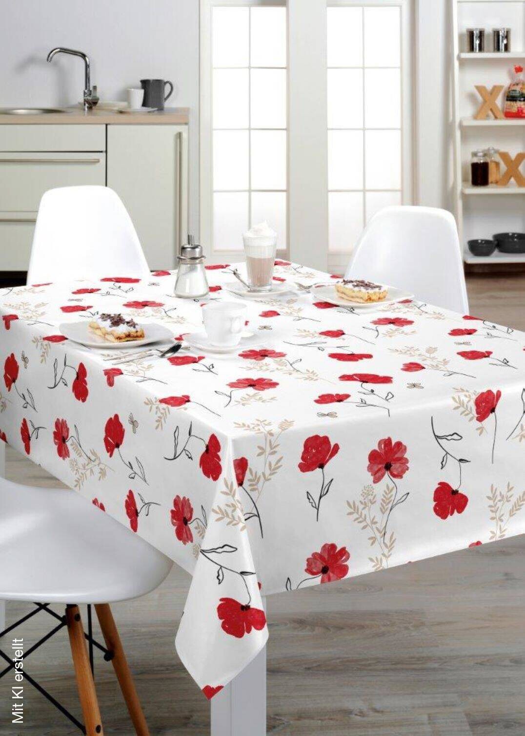 Milano Abwaschbarer Tischbelag Mohn Abstrakt weiß B: ca. 140 cm