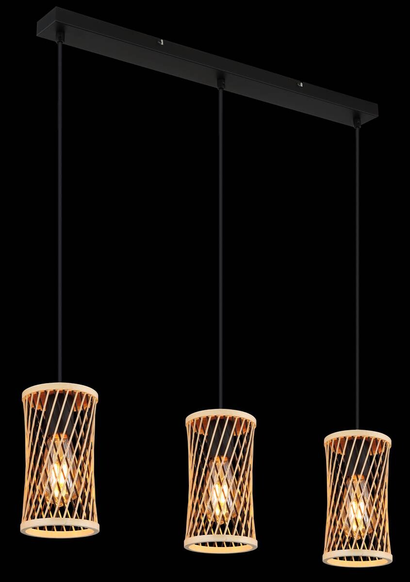 GLOBO LED-Pendelleuchte MALI schwarz Bambus Metall B/H/T: ca. 12x150x72 cm 3 Brennstellen