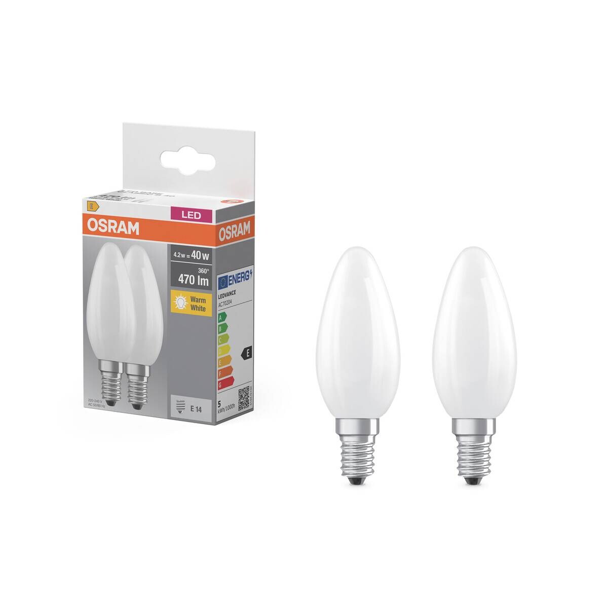 OSRAM LED-Leuchtmittel Kerzenlampe BASE Classic B AC70204 2er Pack E14