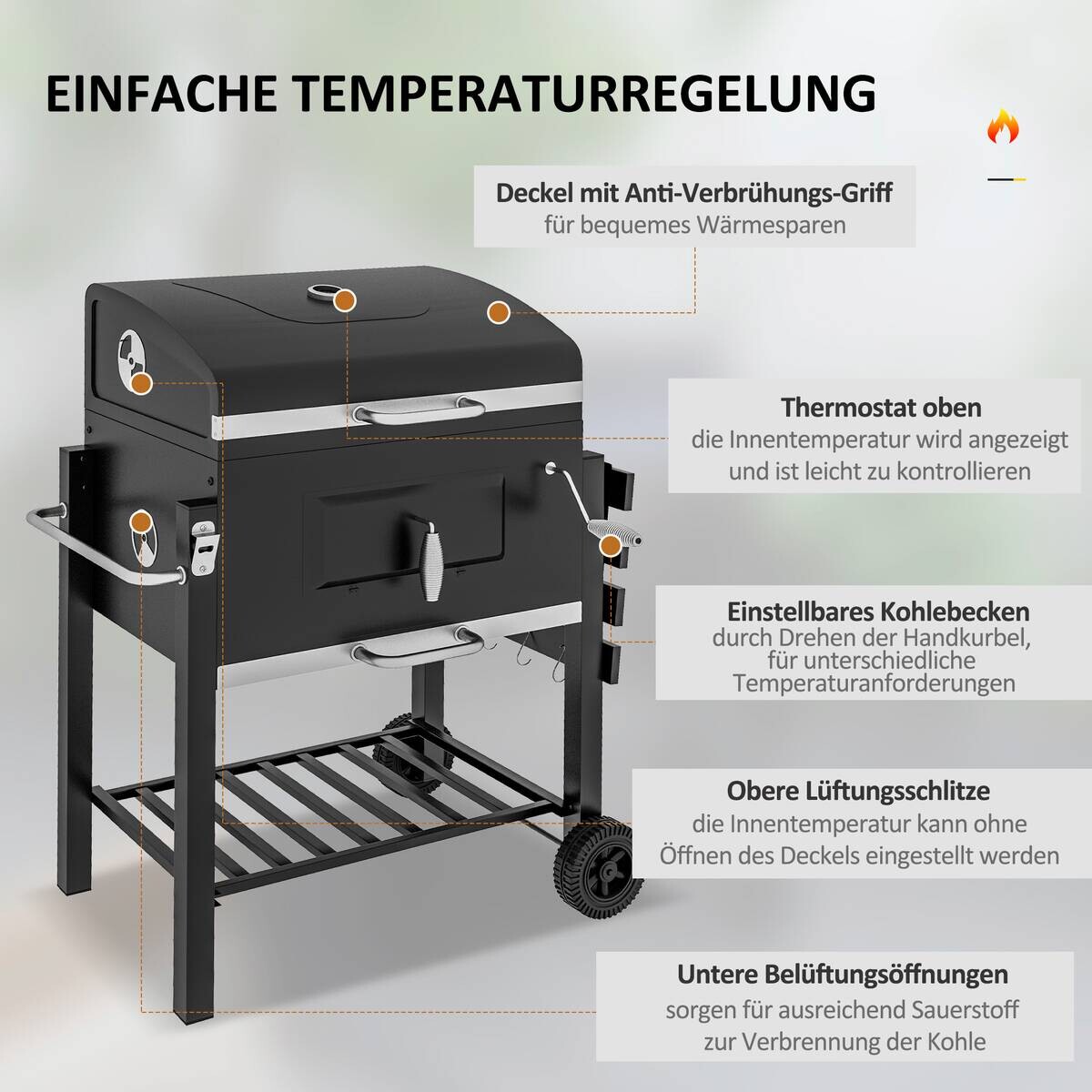 Outsunny Holzkohlegrill Edelstahl B/H/L: ca. 65x108x113 cm