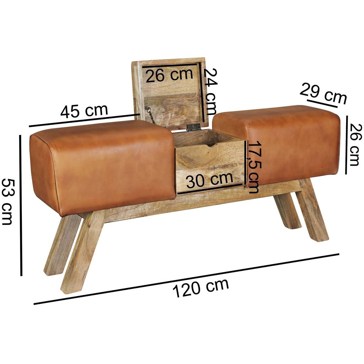 Wohnling Sitzbank braun natur Leder Echtholz B/H/T: ca. 120x53x29 cm