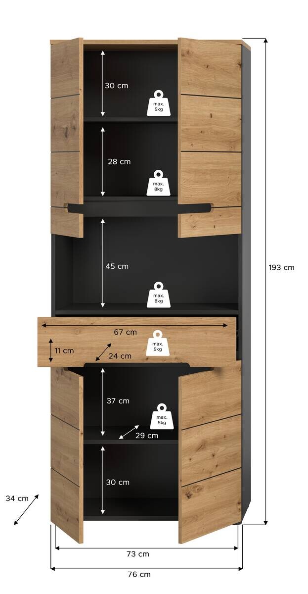 Hochschrank Canu Basalt Eiche Artisan Nachbildung B/H/T: ca. 76x193x34 cm