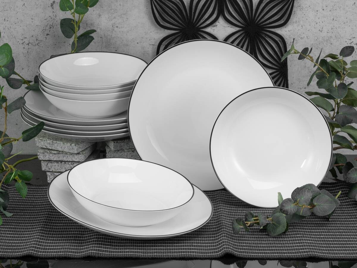 CreaTable Tafelservice Luna Black Line weiß Porzellan 12 tlg.