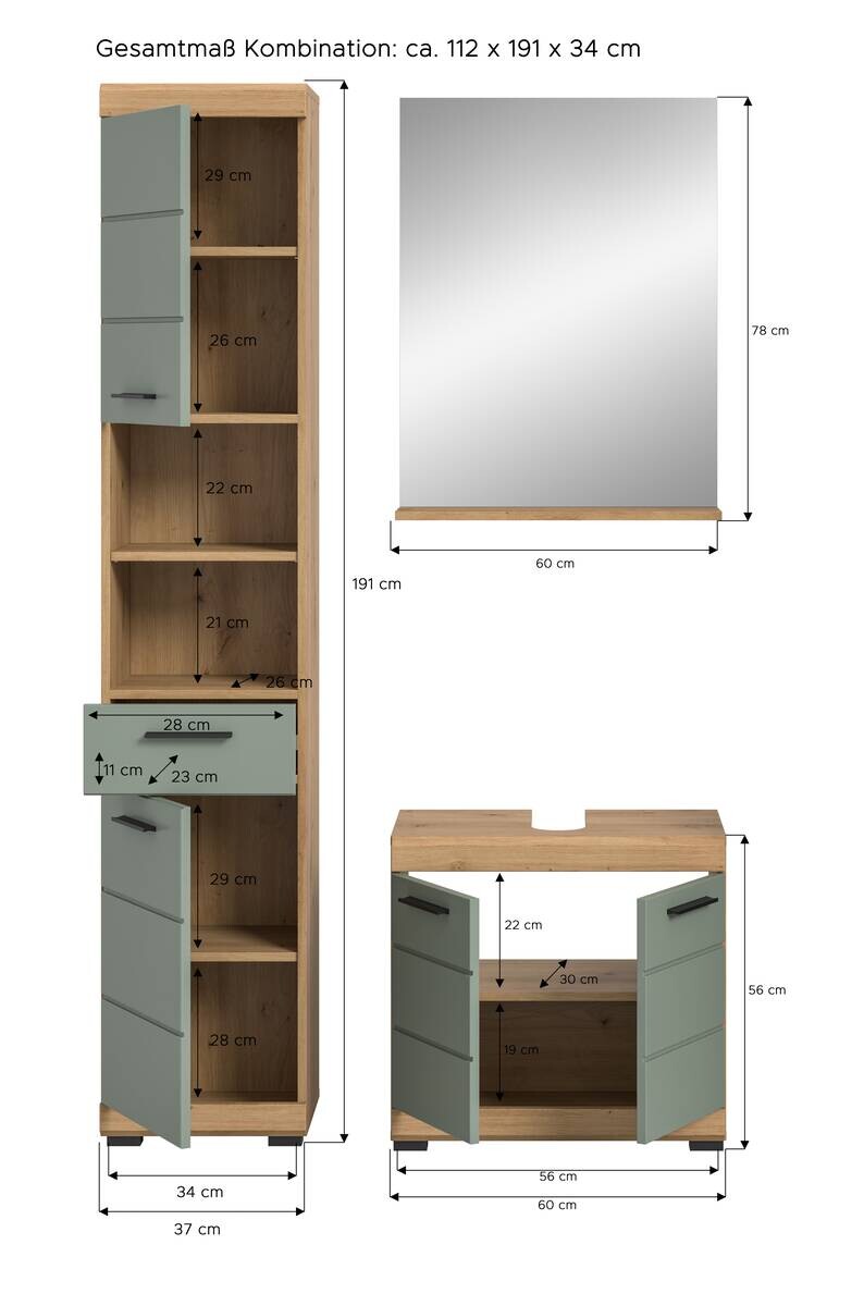 Badezimmer-Set Scout Eiche Artisan Nachbildung salbei Nachbildung B/H/T: ca. 112x191x34 cm