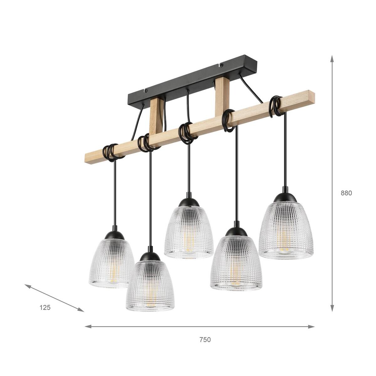 Lamkur Pendelleuchte Eiche Stahl B/H/L: ca. 75x88x75 cm E27 5 Brennstellen