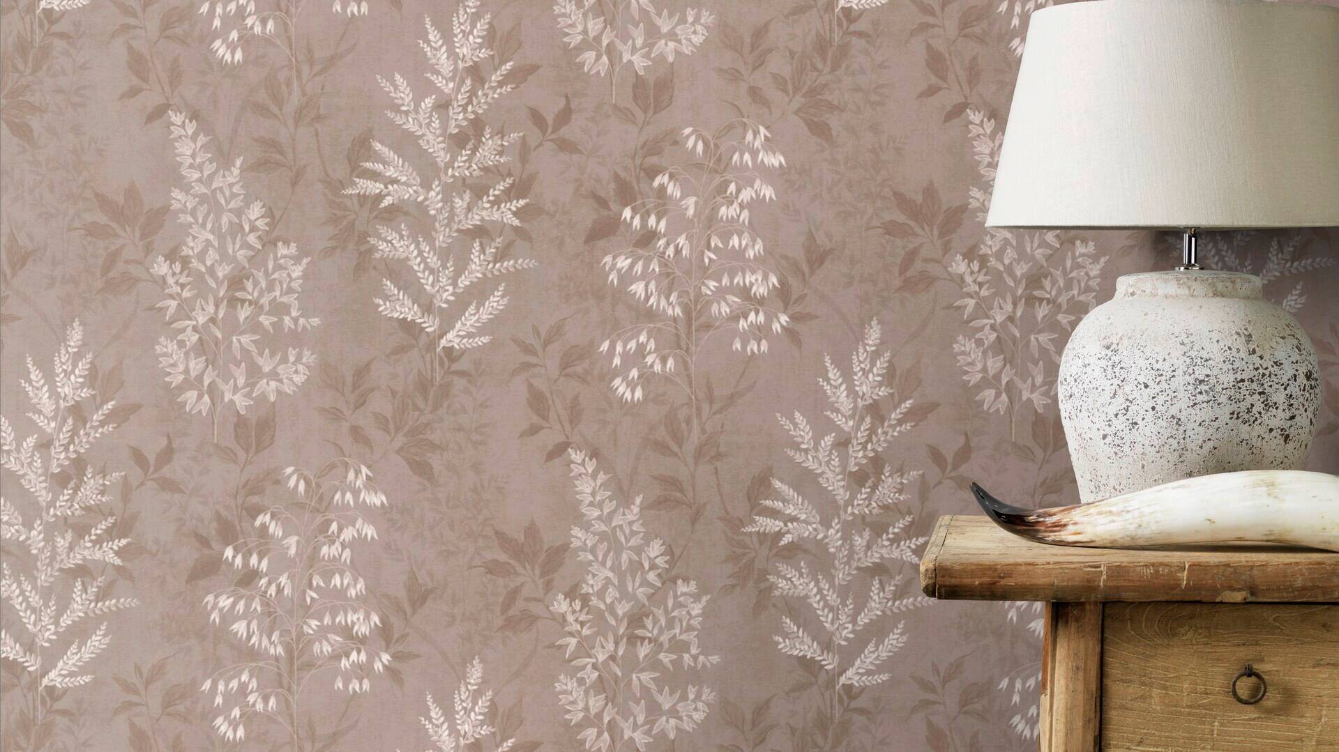 Papiertapete Blätter braun weiß B/L: ca. 53x1005 cm